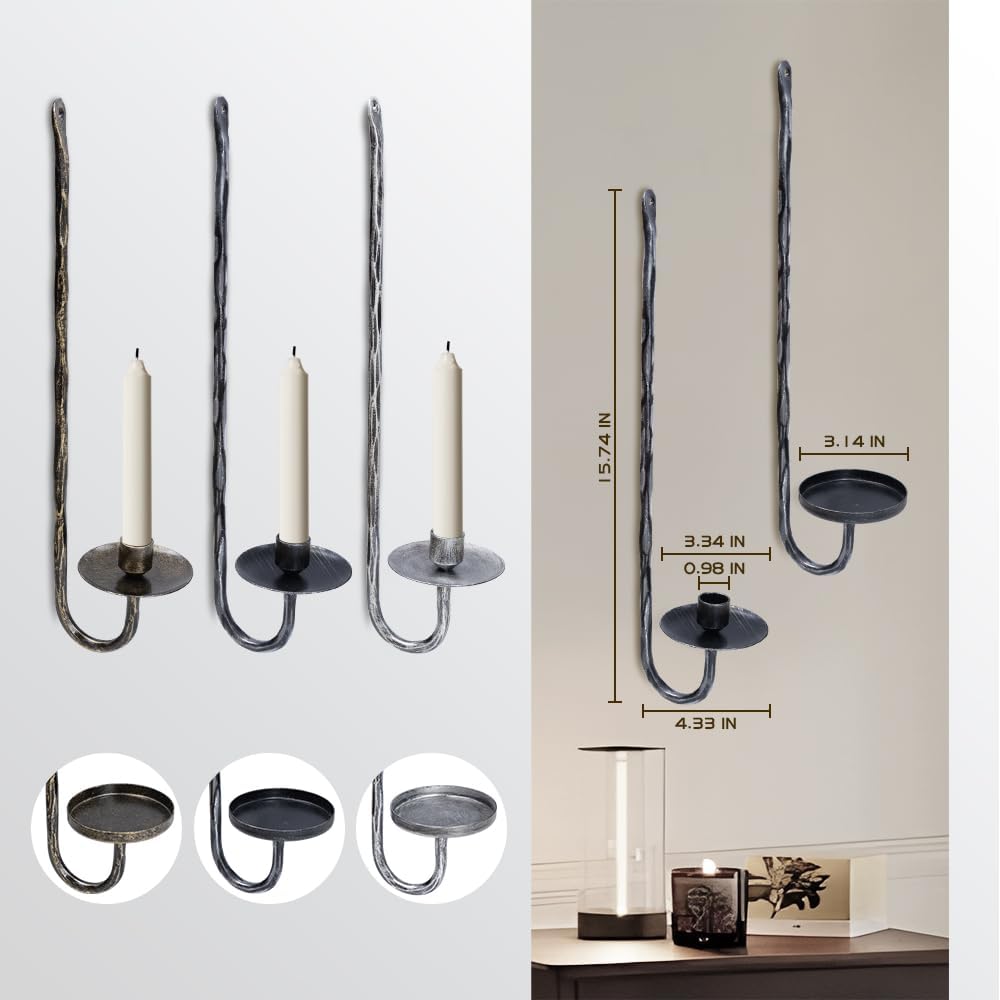 BeginS Hand-Forged Wall Candle Sconces Set of 2, Black Vintage Solid Steel Metal Wall Candle Holders, Rustic Home Decor for Living Room, Bedroom, Dining Room, Candle Accent