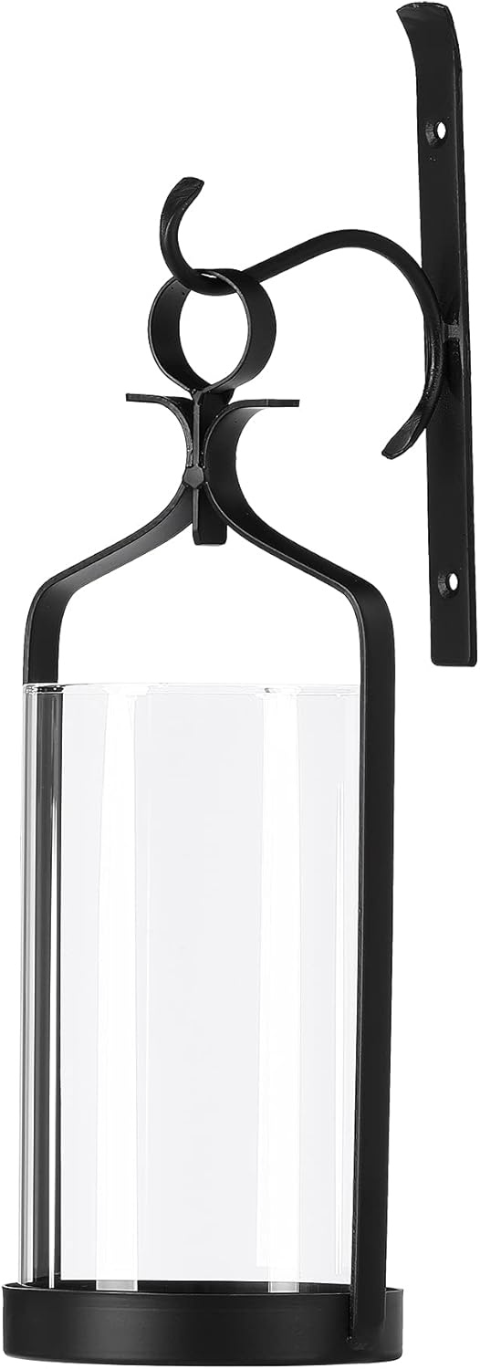 Hanging Hurricane Glass Wall Sconce Candle Holder Black Metal Wall Decorations HLJ15-291B