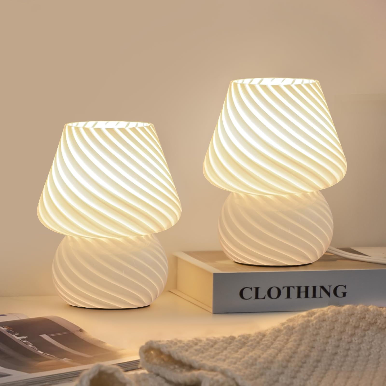 ONEWISH Mushroom Lamp Small Vintage Table Lamp for Bedroom Nightstand, Bedside Lamp Translucent Glass Stepless Dimmable, Murano Aesthetic Home Decor for Living Room Kitchen(Black)