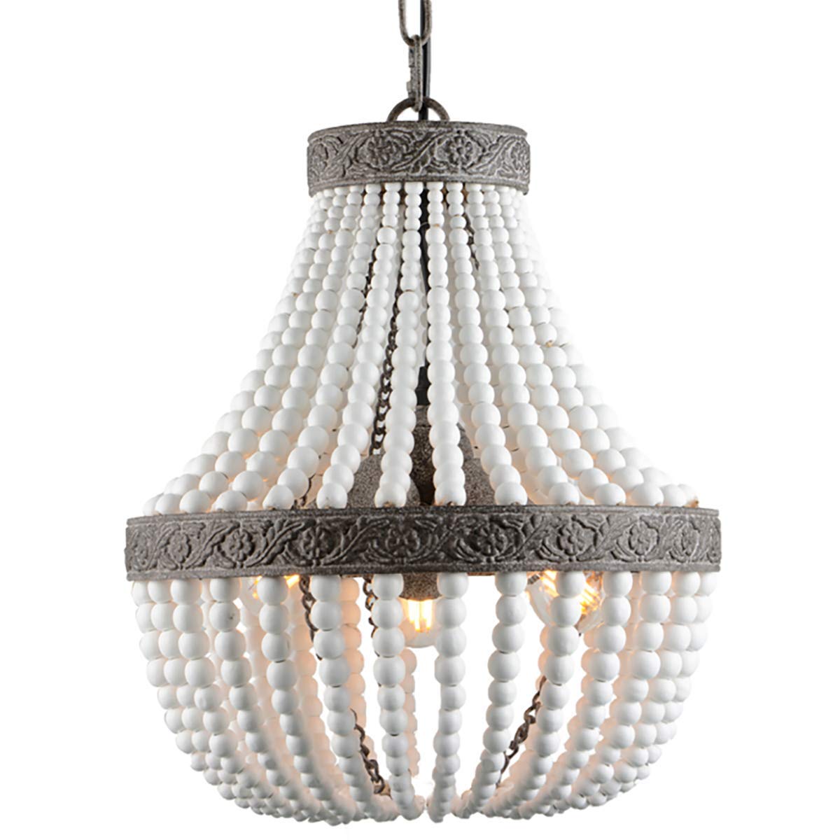 VILUXY Bohemia Wood Beaded Pendant Lights Antique Rustic Mini Chandelier White Finishing for Bedroom, Nursery Room, Girl Room, Hallway, Entryway, Passway, Dining Room, 3-Light
