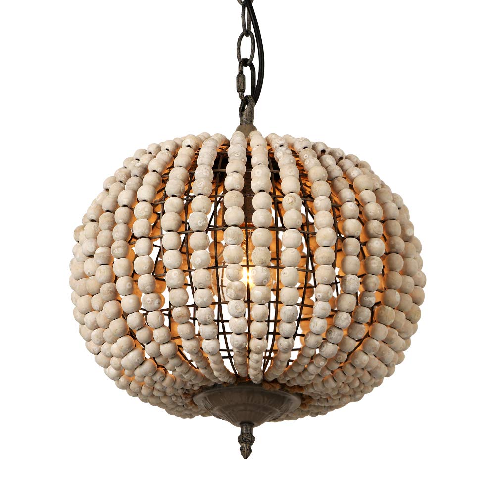 Newrays Wood Bead Chandelier Pendant Bohemian Boho Beachy Ceiling Lamp Light Fixtures (Gray Blue-Small Plug in, 13.58 in*15.74 in)