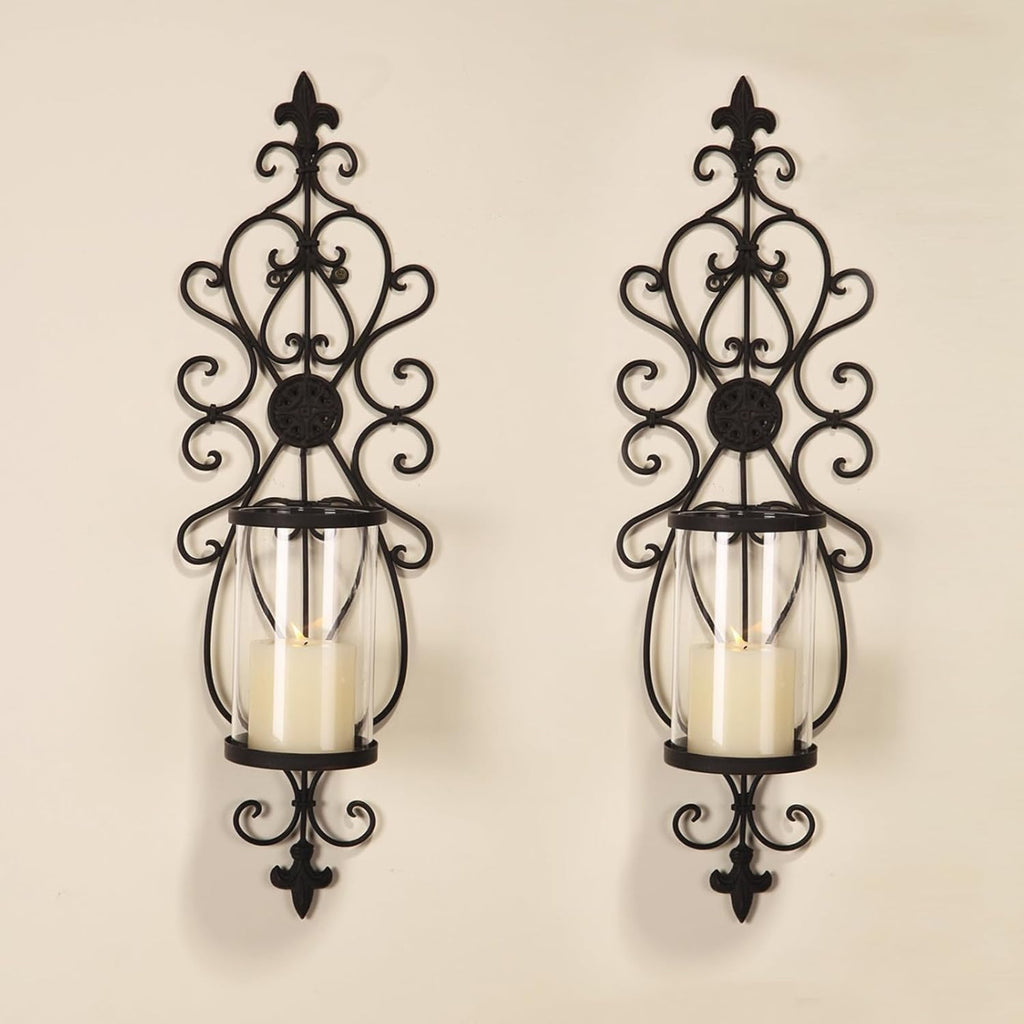 24" Hurricane Wall Sconces Set of Two- Antique Iron & Glass Candle Holders, Wall Sconces Set of Two Candle Holder