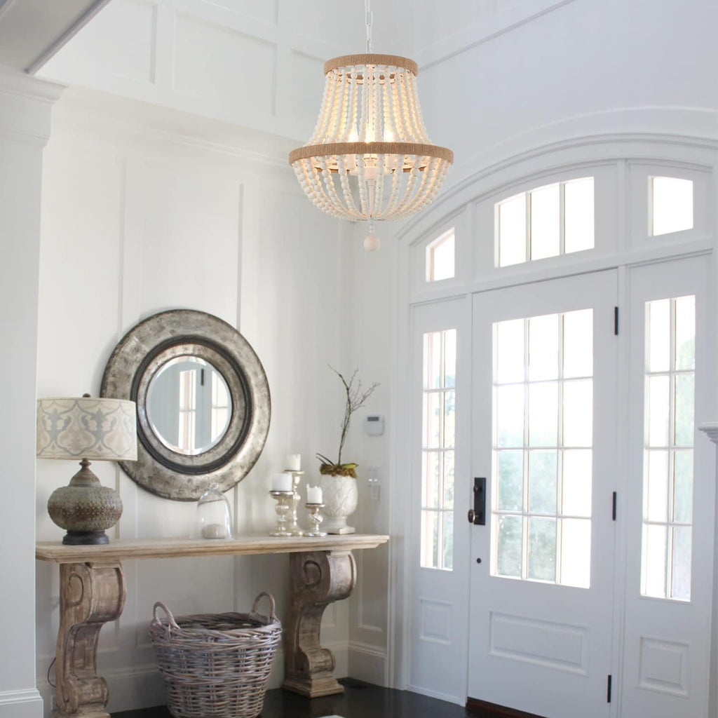 3-Light Boho Chandelier Farmhouse, Wood Bead Pendant Light, Antique Rustic Hanging Light Fixture for Kitchen Island Hallway Entryway Bedroom Nursery Dining Room Foyer