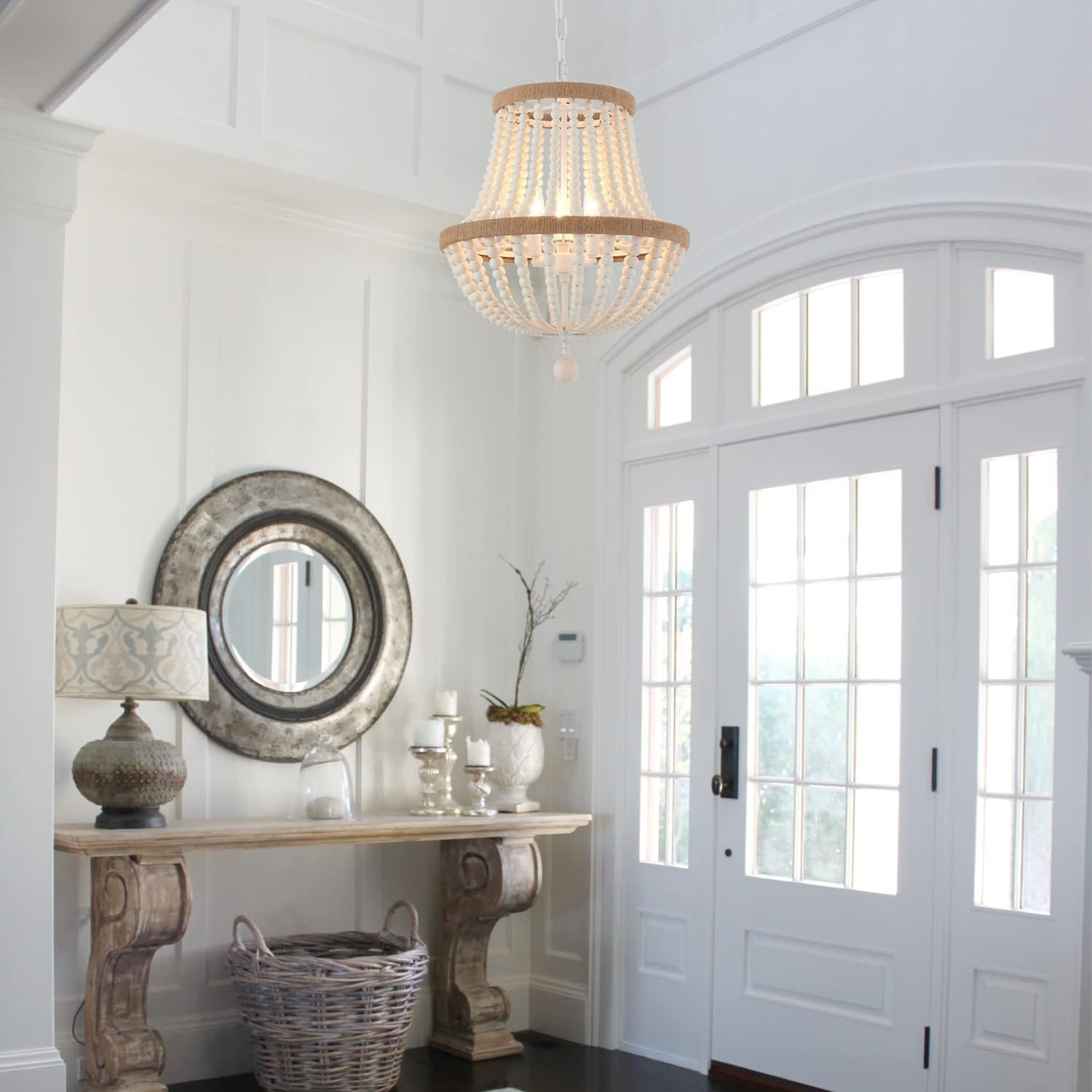 3-Light Boho Chandelier Farmhouse, Wood Bead Pendant Light, Antique Rustic Hanging Light Fixture for Kitchen Island Hallway Entryway Bedroom Nursery Dining Room Foyer
