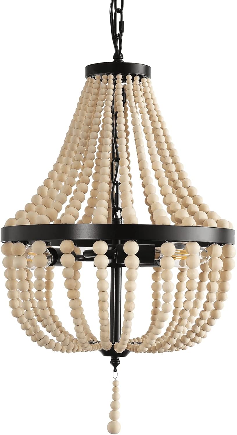 Mini Bohemian Wood Beaded Chandelier 3-Light Pendant Boho Light Fixture,Black Metal Finish Natural Color Wooden Beads, for Bathroom,Living Room,Entryway and Bedroom…
