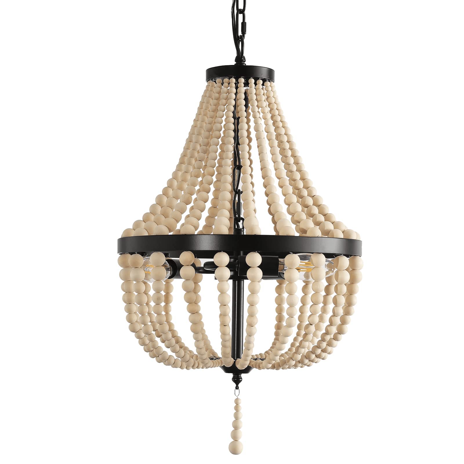 Mini Bohemian Wood Beaded Chandelier 3-Light Pendant Boho Light Fixture,Black Metal Finish Natural Color Wooden Beads, for Bathroom,Living Room,Entryway and Bedroom…