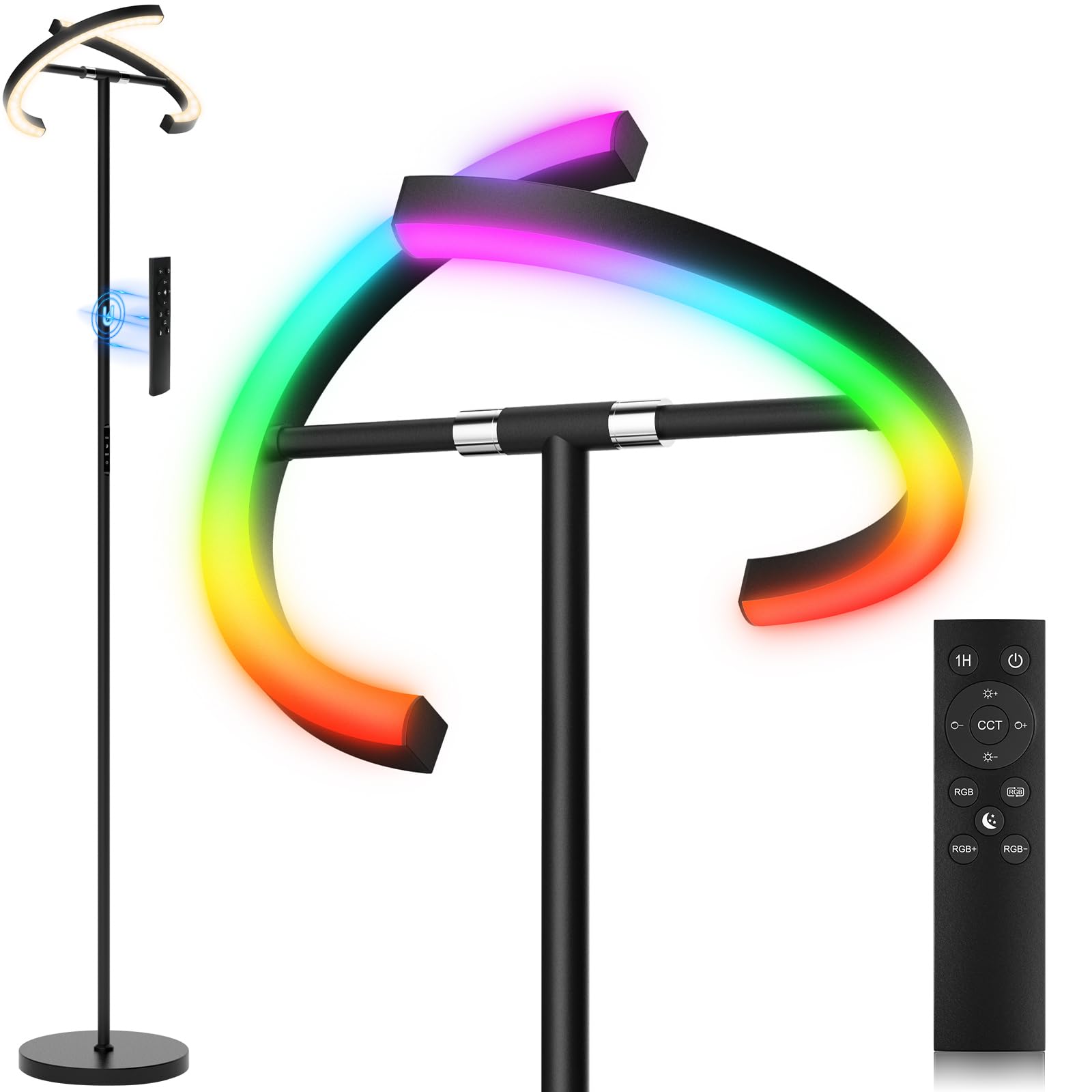 LED Floor Lamp - Rotatable Standing Lamp with Touch & Remote Control, 3000-6000K, 22W Modern Floor Reading Light, Dimmable Corner Uplighter for Living Room Bedroom Office, Black
