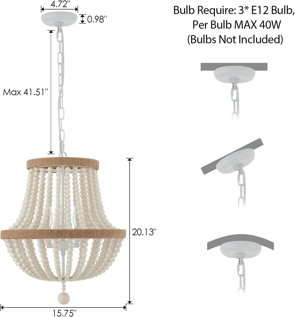 3-Light Boho Chandelier Farmhouse, Wood Bead Pendant Light, Antique Rustic Hanging Light Fixture for Kitchen Island Hallway Entryway Bedroom Nursery Dining Room Foyer