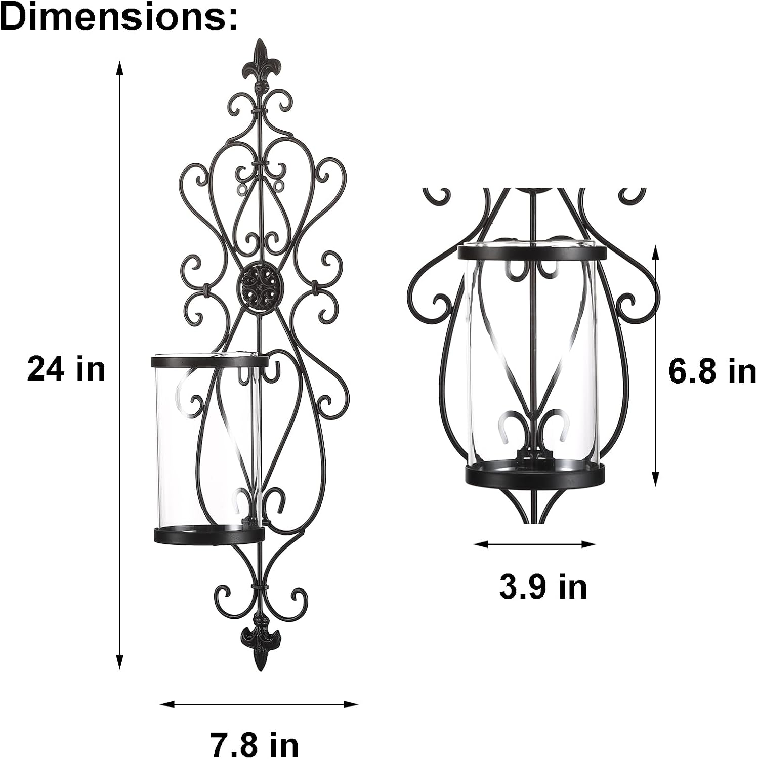 24" Hurricane Wall Sconces Set of Two- Antique Iron & Glass Candle Holders, Wall Sconces Set of Two Candle Holder