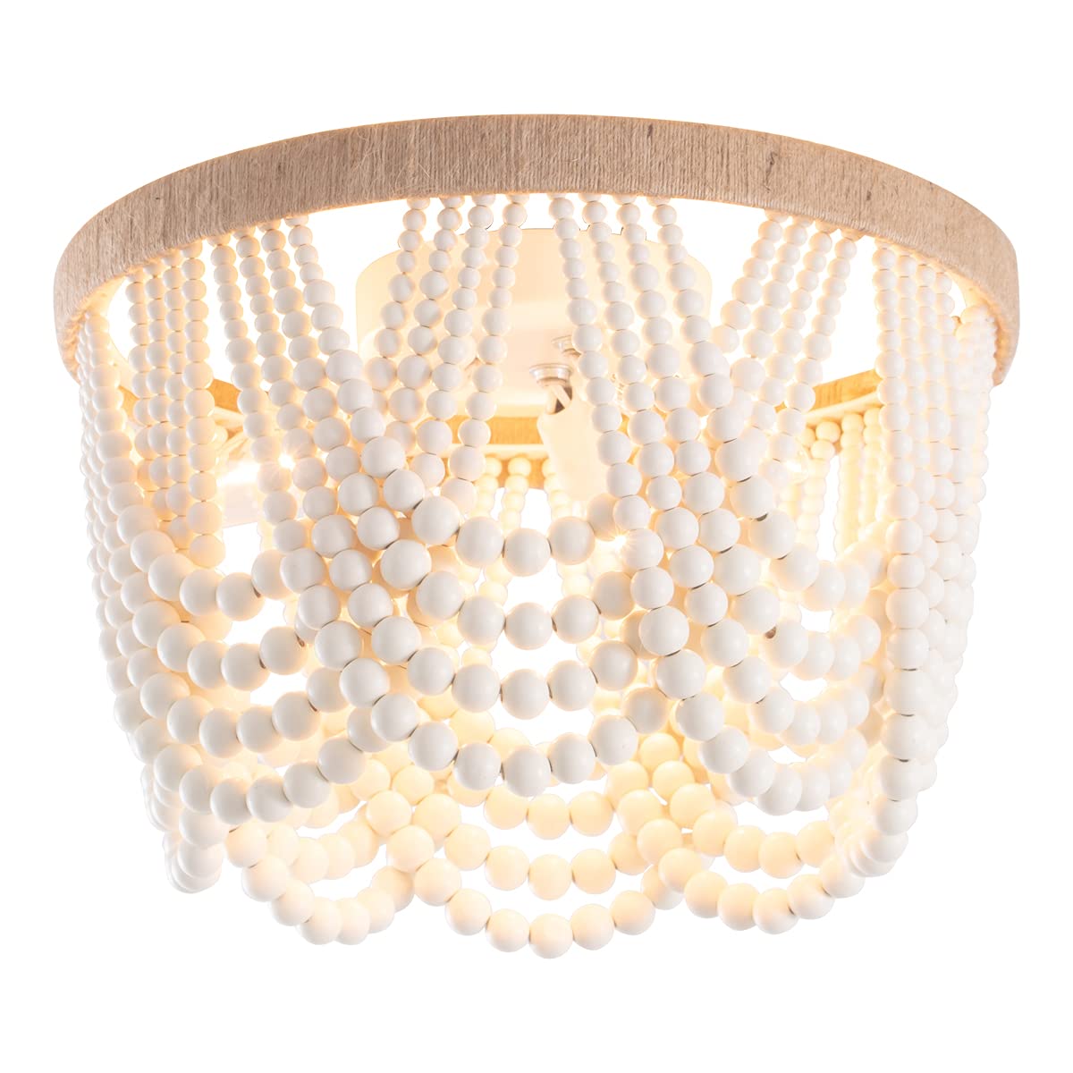 VILUXY Bohemia Wood Beaded Pendant Lights Antique Rustic Mini Chandelier White Finishing for Bedroom, Nursery Room, Girl Room, Hallway, Entryway, Passway, Dining Room, 3-Light