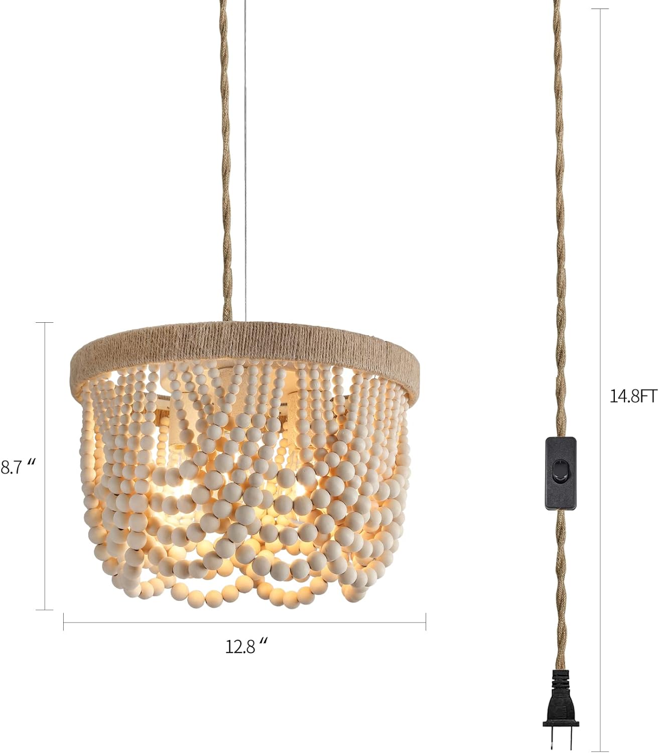 AMZASA Plug in Chandelier Boho Woven Hemp Rope Wooden Beaded Farmhosue Hanging Pendant Light Fixture with 14.8FT Cord On/Off Switch 3 Lights for Nursery Bedroom Living Room Dining Room UL Listed