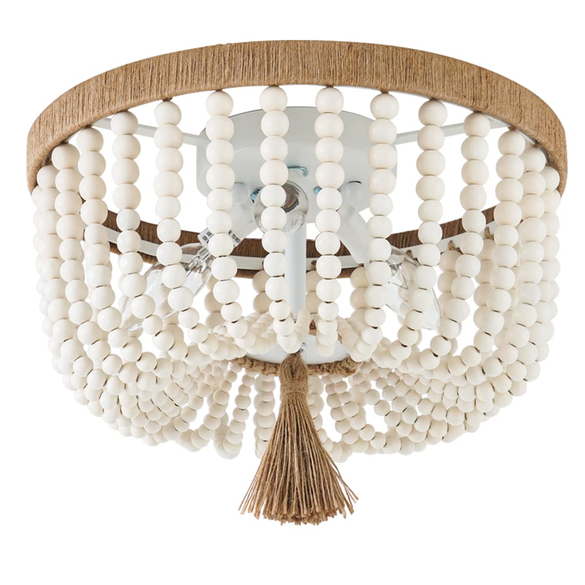 VILUXY Bohemia Wood Beaded Pendant Lights Antique Rustic Mini Chandelier White Finishing for Bedroom, Nursery Room, Girl Room, Hallway, Entryway, Passway, Dining Room, 3-Light