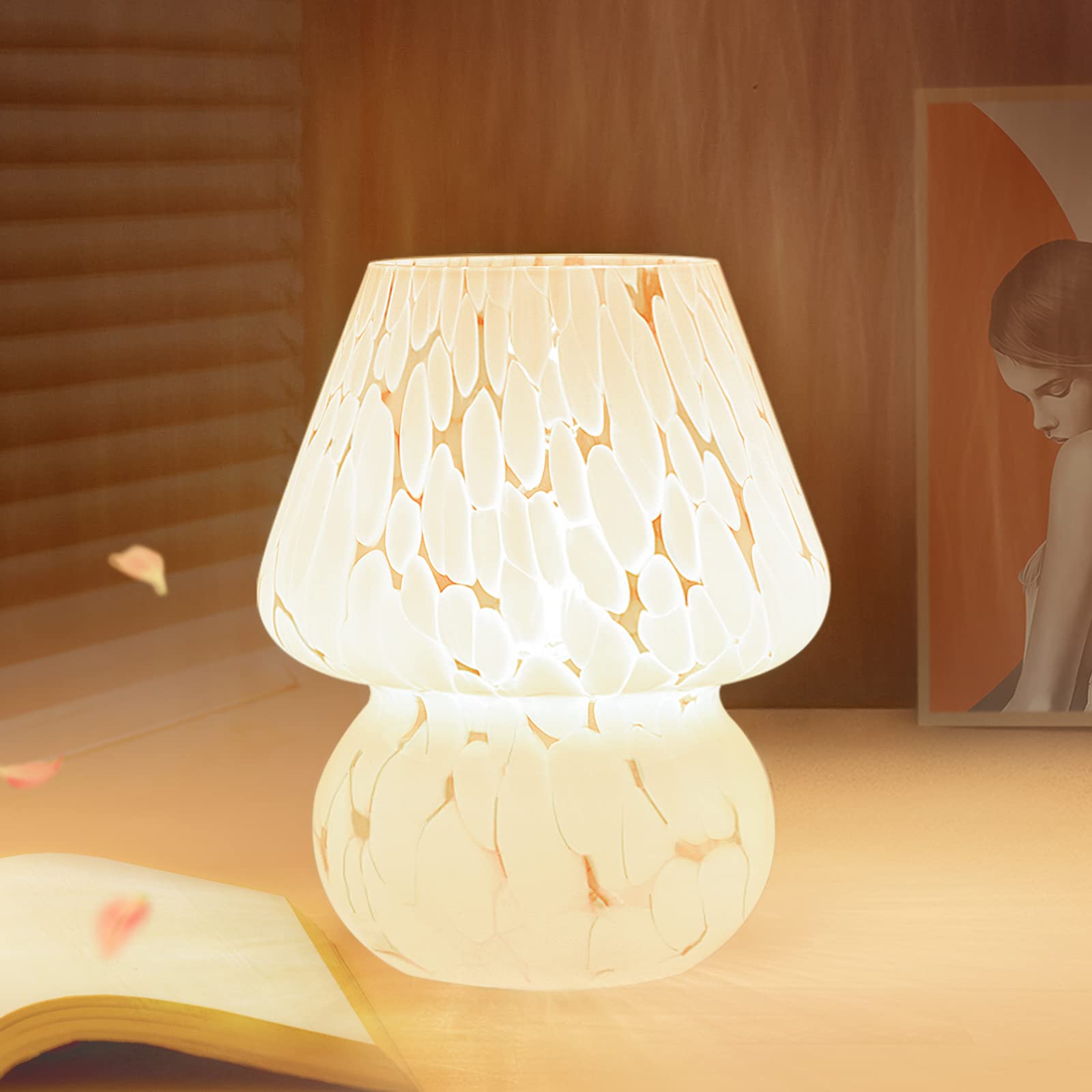 ONEWISH Mushroom Lamp Small Vintage Table Lamp for Bedroom Nightstand, Bedside Lamp Translucent Glass Stepless Dimmable, Murano Aesthetic Home Decor for Living Room Kitchen(Black)