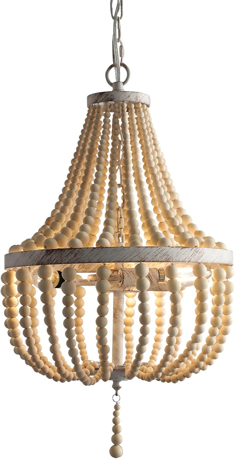 3-Light Mini Bohemian Wood Beaded Chandelier Pendant Boho Light Fixture,Antique Metal Finish Natural Color Wooden Beads, for Bathroom,Living Room,Entryway and Bedroom…
