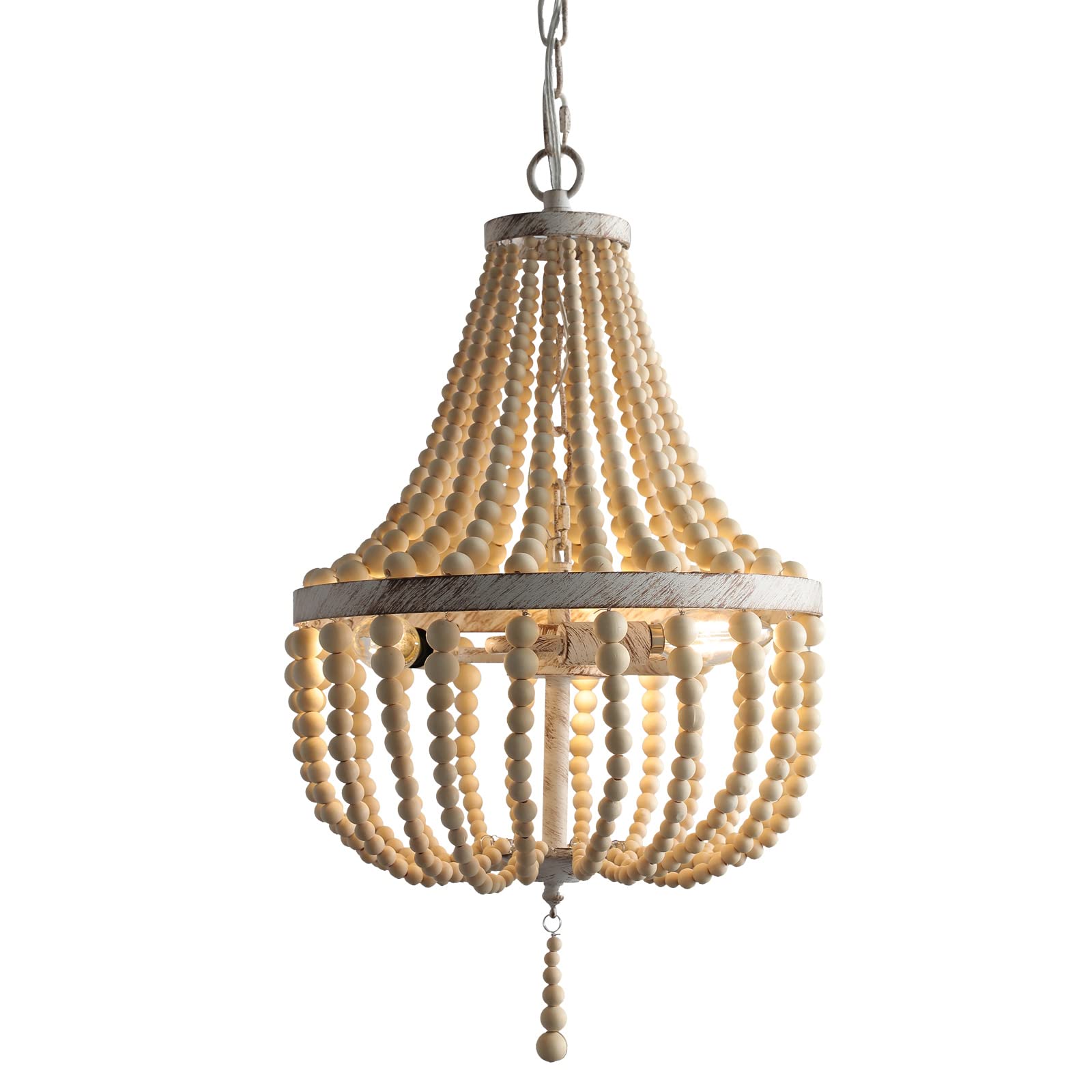 Mini Bohemian Wood Beaded Chandelier 3-Light Pendant Boho Light Fixture,Black Metal Finish Natural Color Wooden Beads, for Bathroom,Living Room,Entryway and Bedroom…
