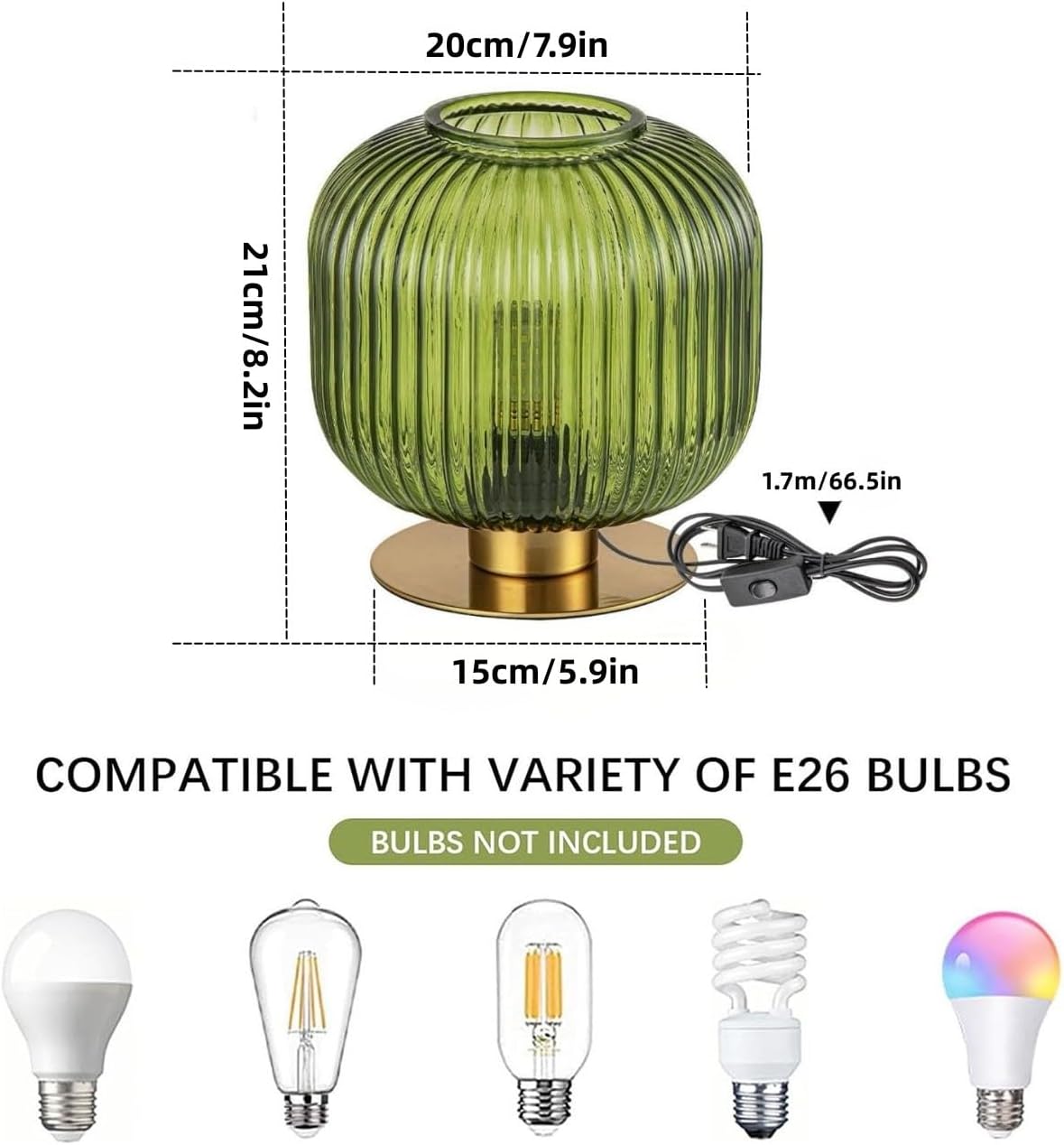 NKU Vintage Green Glass Table Lamp, Mid Century Ribbed Glass Desk Light with Green Shade, Decorative Accent Lamp for Bedroom Bedside Living Room Office Bookshelf
