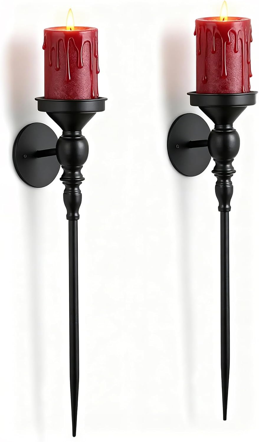 Gothic Wall Candle Holder Decor - 24.4 Inch Long Candle Sconces Set of 2 for Porch Hallway Entryway Beside TV Fireplace - Metal Black Wall Art for Bedroom Living Room