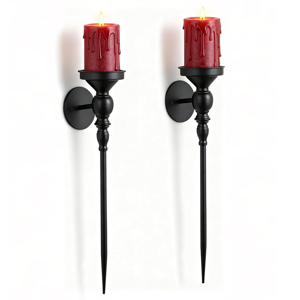 Gothic Wall Candle Holder Decor - 24.4 Inch Long Candle Sconces Set of 2 for Porch Hallway Entryway Beside TV Fireplace - Metal Black Wall Art for Bedroom Living Room