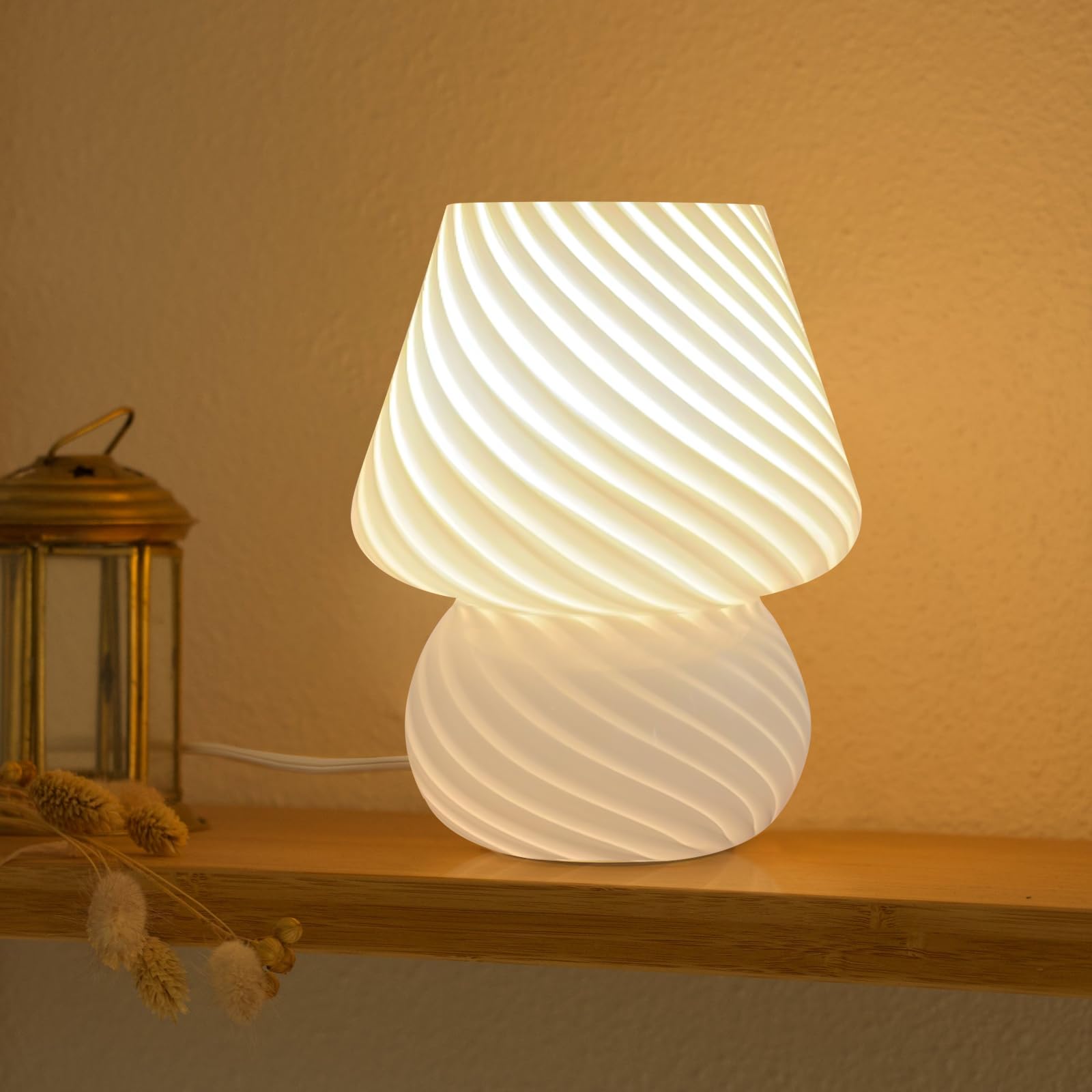 ONEWISH Mushroom Lamp Small Vintage Table Lamp for Bedroom Nightstand, Bedside Lamp Translucent Glass Stepless Dimmable, Murano Aesthetic Home Decor for Living Room Kitchen(Black)