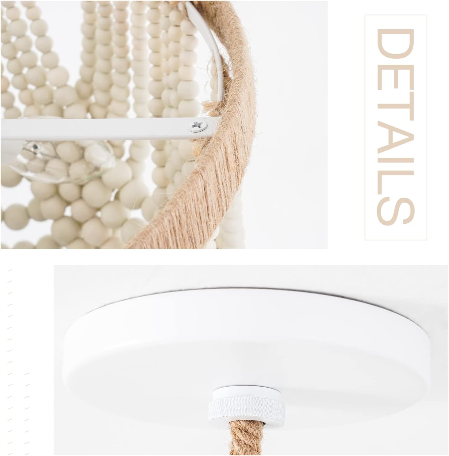 VILUXY Bohemia Wood Beaded Pendant Lights Antique Rustic Mini Chandelier White Finishing for Bedroom, Nursery Room, Girl Room, Hallway, Entryway, Passway, Dining Room, 3-Light