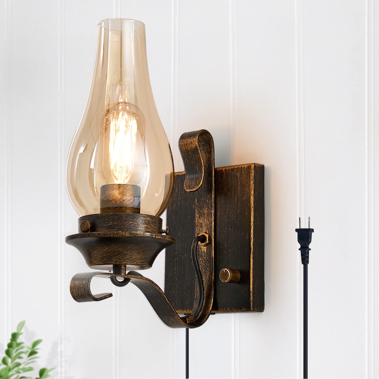 Wall Sconces Sets of 2, Oil Rubbed Bronze Hardwired Wall Sconce Indoor, Retro Rustic Wall Lamps with Amber Glass,Vintage Bedside Sconces Wall Lighting for Living Room Bathroom