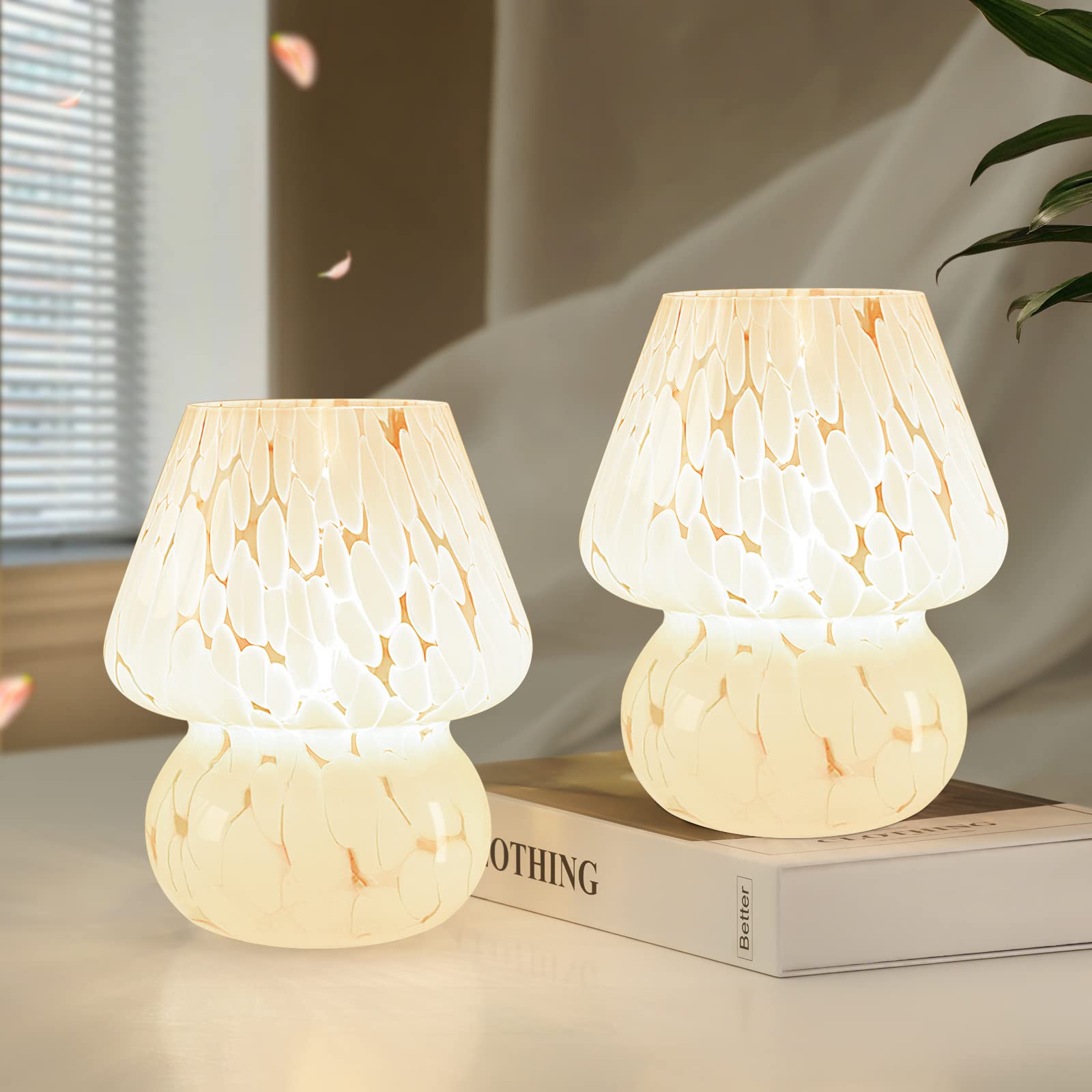 ONEWISH Mushroom Lamp Small Vintage Table Lamp for Bedroom Nightstand, Bedside Lamp Translucent Glass Stepless Dimmable, Murano Aesthetic Home Decor for Living Room Kitchen(Black)