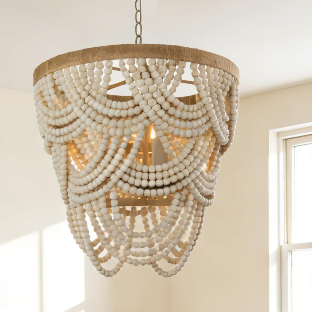 Rustic Chandeliers Farmhouse Wooden Beaded Chandelier Lights, 4-Light Pendant Light Fixture for Dining Room Living Room, 39.4" Adjustable Chain, E12 Socket, 40W Max Each (Bulbs Not Included)