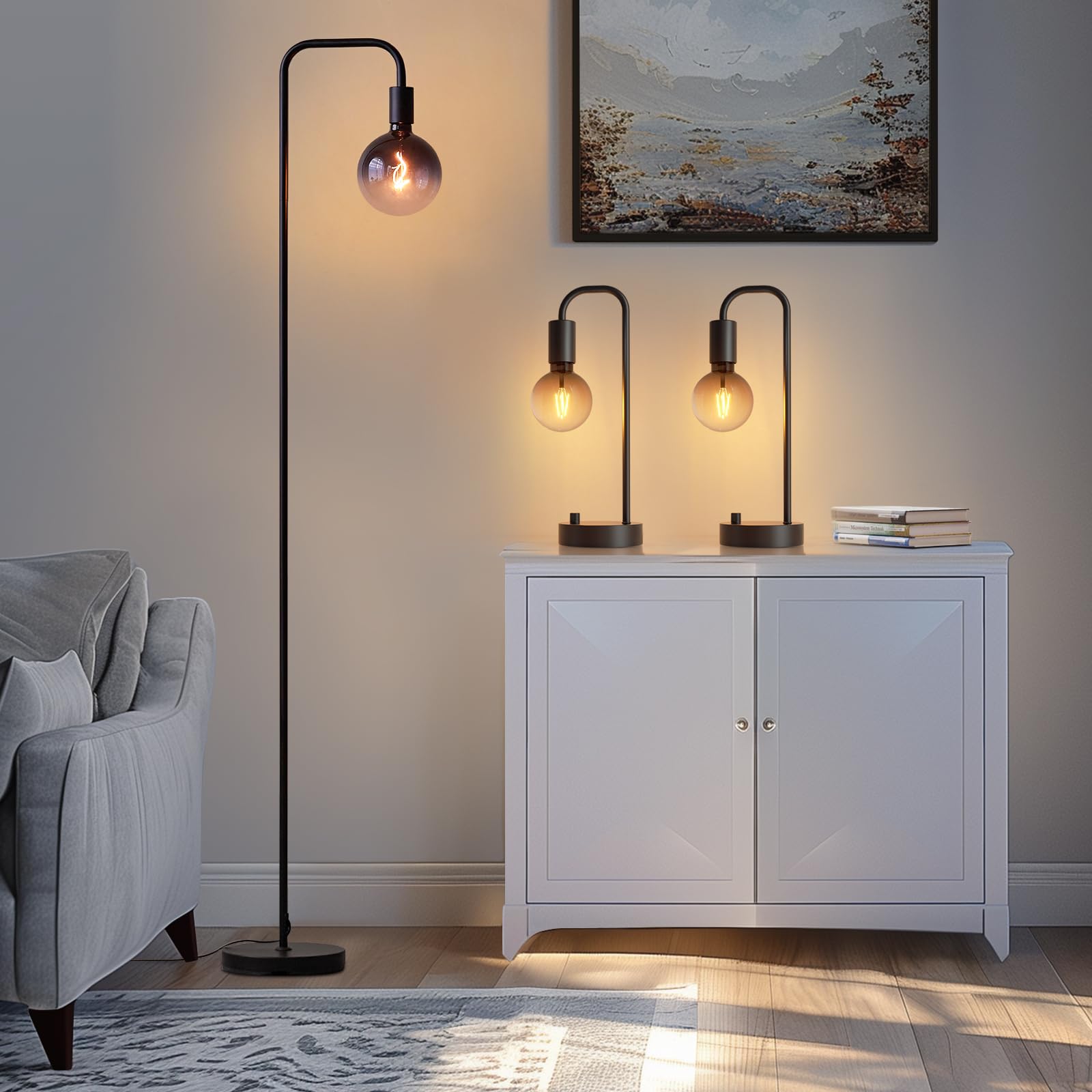 ONEWISH Floor Lamp for Living Room - Minimalist Industrial Standing Lamp with Modern LED Bulb, Globe Black Clear Glass 6", 1800K Warm Ambiant Lighting Decorative Tall Floor Lamp for Bedroom Office