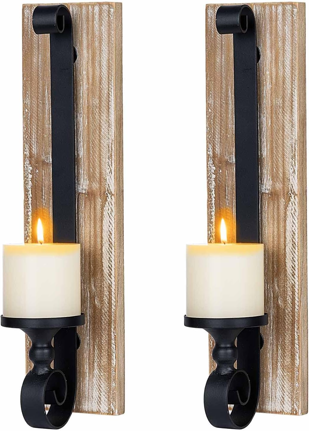 Wall Sconce Candle Holder (Set of 2) Black Wall-Mount Metal and Wooden Candle Holders for Living Room, Bathroom, Dining Room
