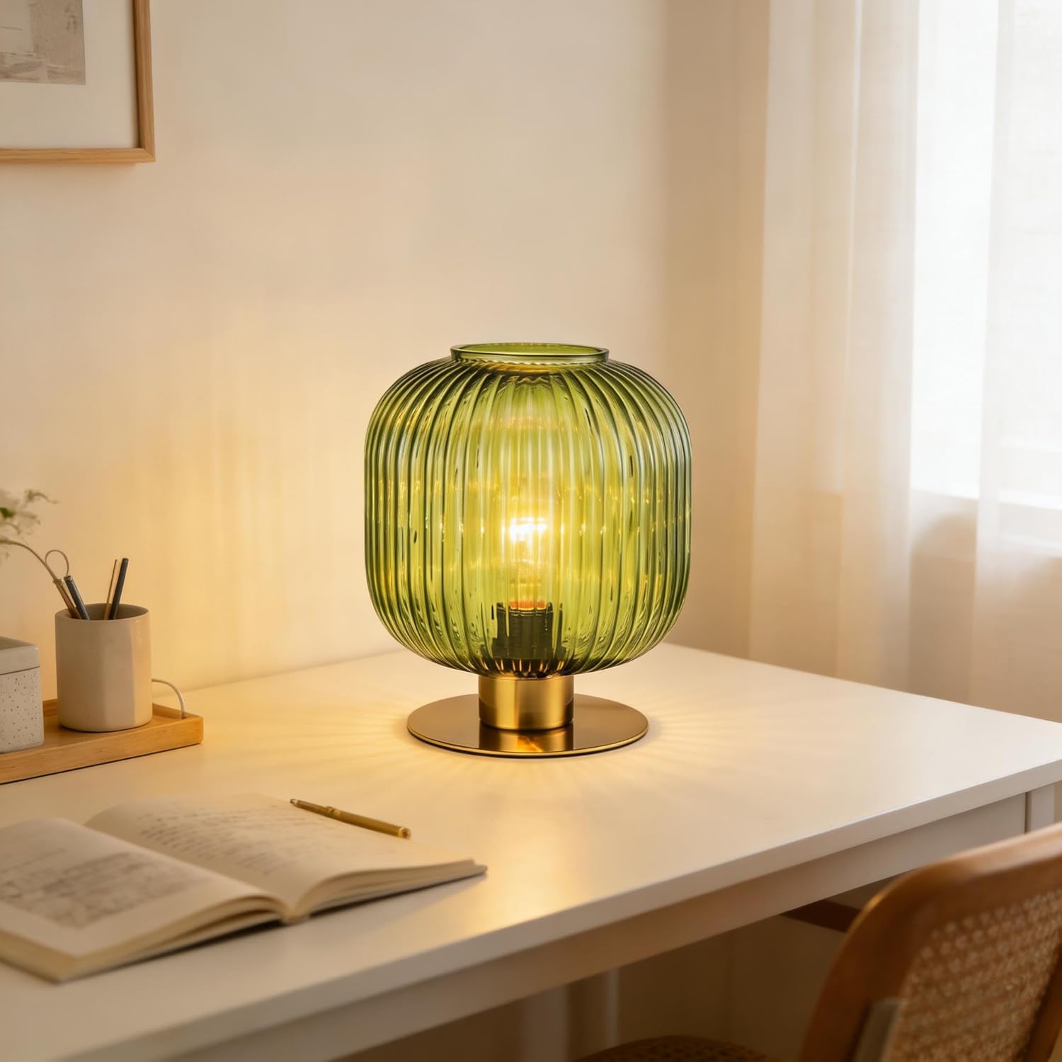 NKU Vintage Green Glass Table Lamp, Mid Century Ribbed Glass Desk Light with Green Shade, Decorative Accent Lamp for Bedroom Bedside Living Room Office Bookshelf