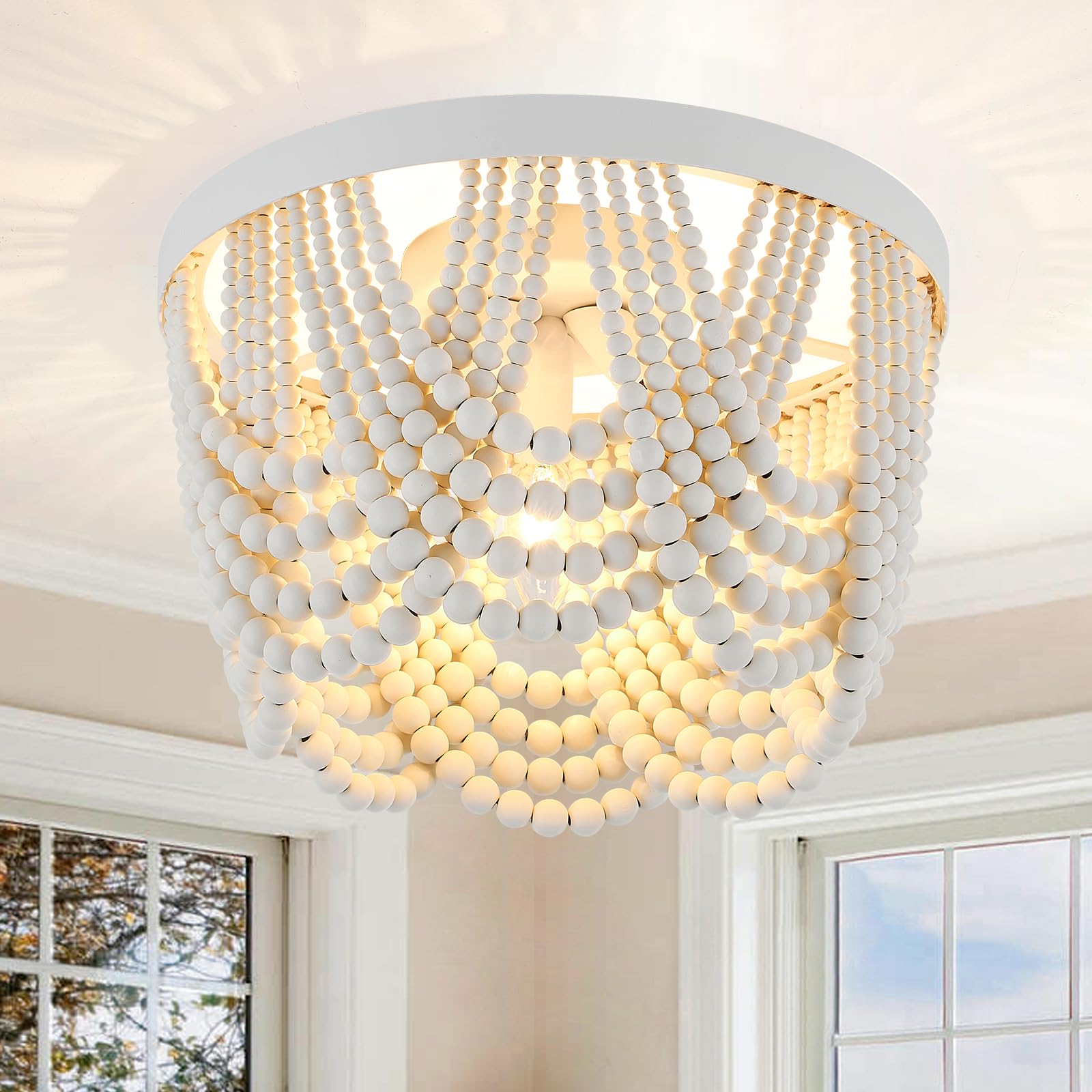 VILUXY Bohemia Wood Beaded Pendant Lights Antique Rustic Mini Chandelier White Finishing for Bedroom, Nursery Room, Girl Room, Hallway, Entryway, Passway, Dining Room, 3-Light