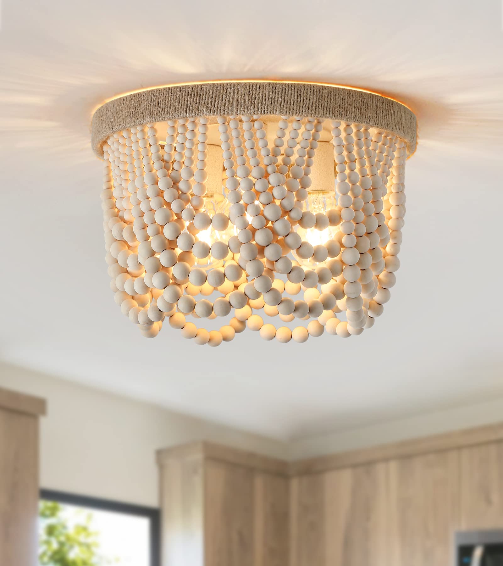 AMZASA Plug in Chandelier Boho Woven Hemp Rope Wooden Beaded Farmhosue Hanging Pendant Light Fixture with 14.8FT Cord On/Off Switch 3 Lights for Nursery Bedroom Living Room Dining Room UL Listed