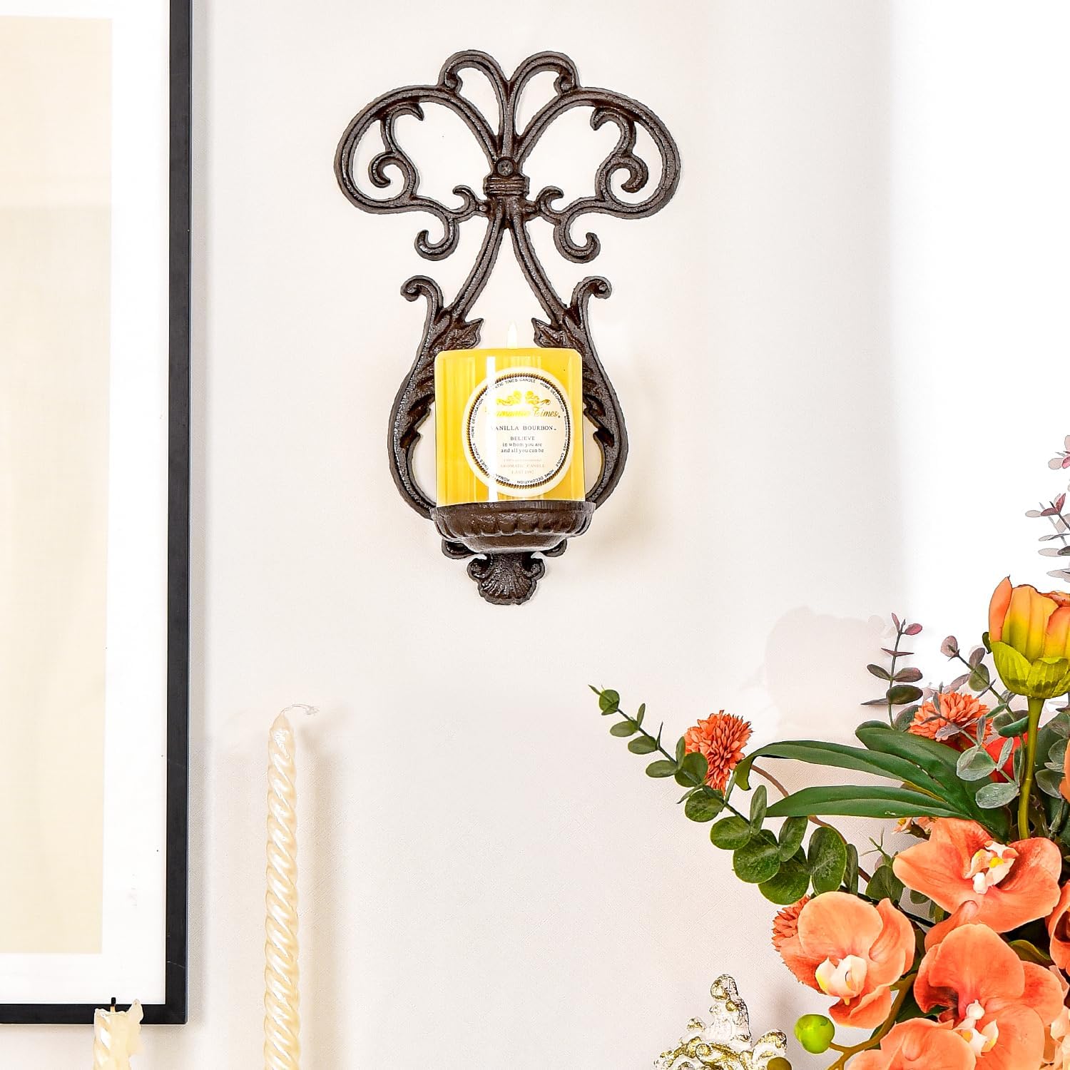 Sungmor Cast Iron Wall Candle Sconce, Wall Mount Tealight Flameless Candle Holders, Decorative Vintage Vine Candleholder Wall Hanging Pillar Candle Stand Kitchen Dining Living Room Bedroom Patio Decor