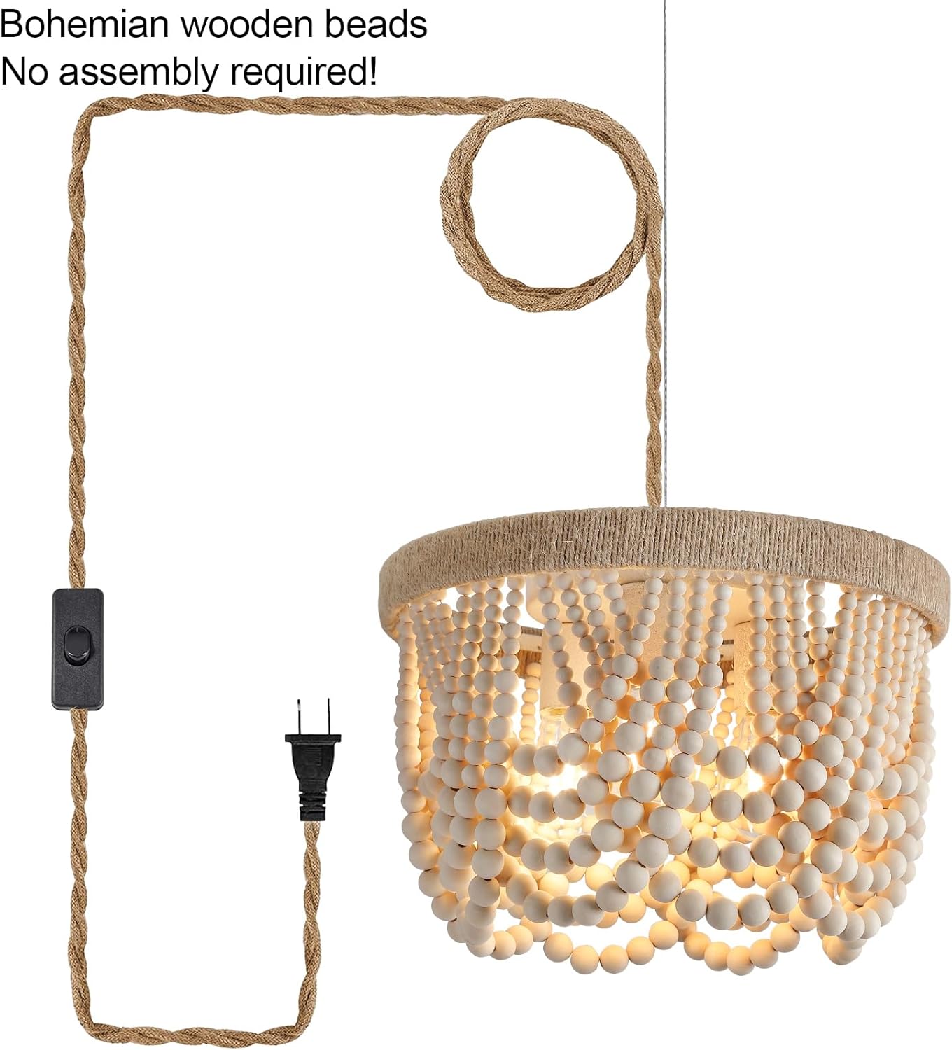 AMZASA Plug in Chandelier Boho Woven Hemp Rope Wooden Beaded Farmhosue Hanging Pendant Light Fixture with 14.8FT Cord On/Off Switch 3 Lights for Nursery Bedroom Living Room Dining Room UL Listed