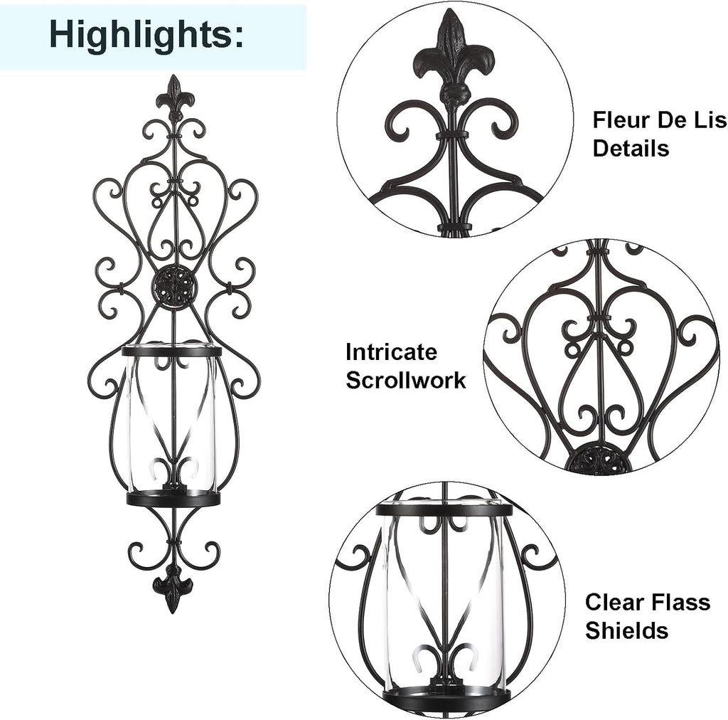 24" Hurricane Wall Sconces Set of Two- Antique Iron & Glass Candle Holders, Wall Sconces Set of Two Candle Holder