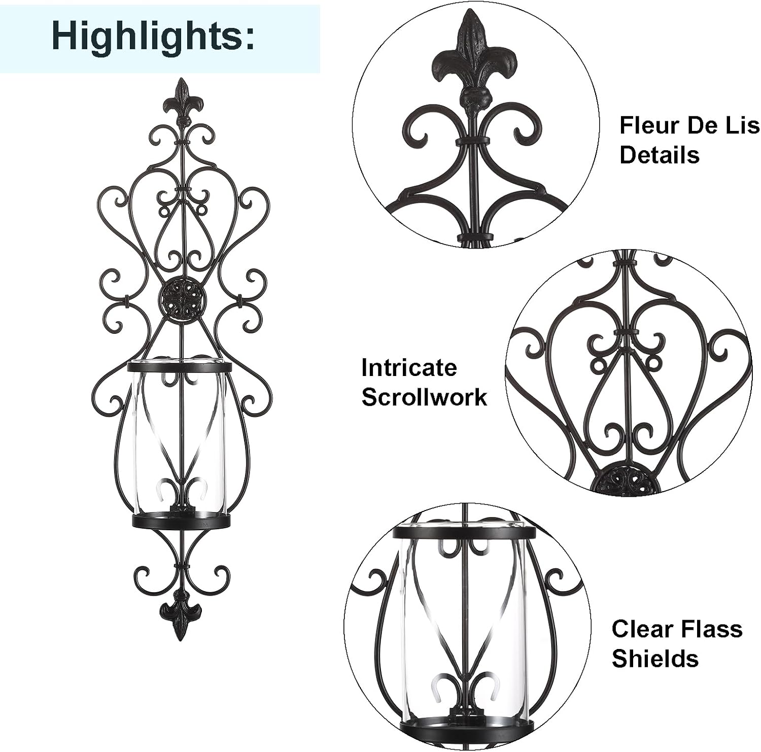 24" Hurricane Wall Sconces Set of Two- Antique Iron & Glass Candle Holders, Wall Sconces Set of Two Candle Holder