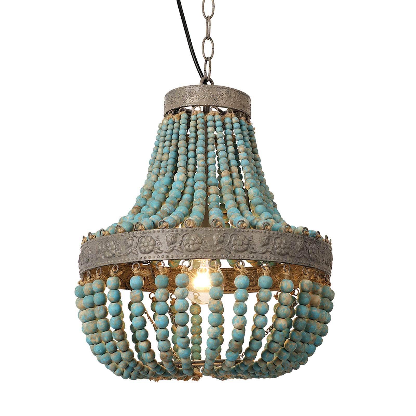 Newrays Wood Bead Chandelier Pendant Bohemian Boho Beachy Ceiling Lamp Light Fixtures (Gray Blue-Small Plug in, 13.58 in*15.74 in)