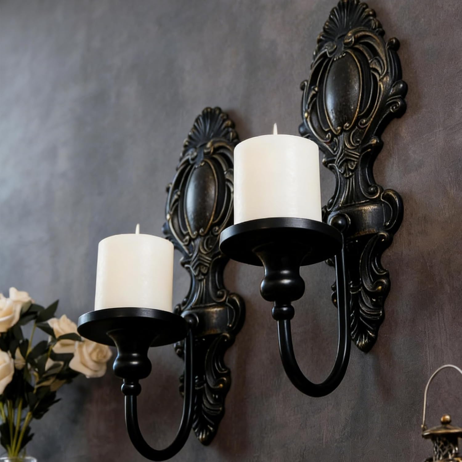 YOLLZEY Candle Holder Wall Sconces Set of 2 - Gothic Vintage Black Wrought Iron, Medieval Victorian Wall Decorations for Candles, Living Room Bathroom Entryway Halloween Rustic Home