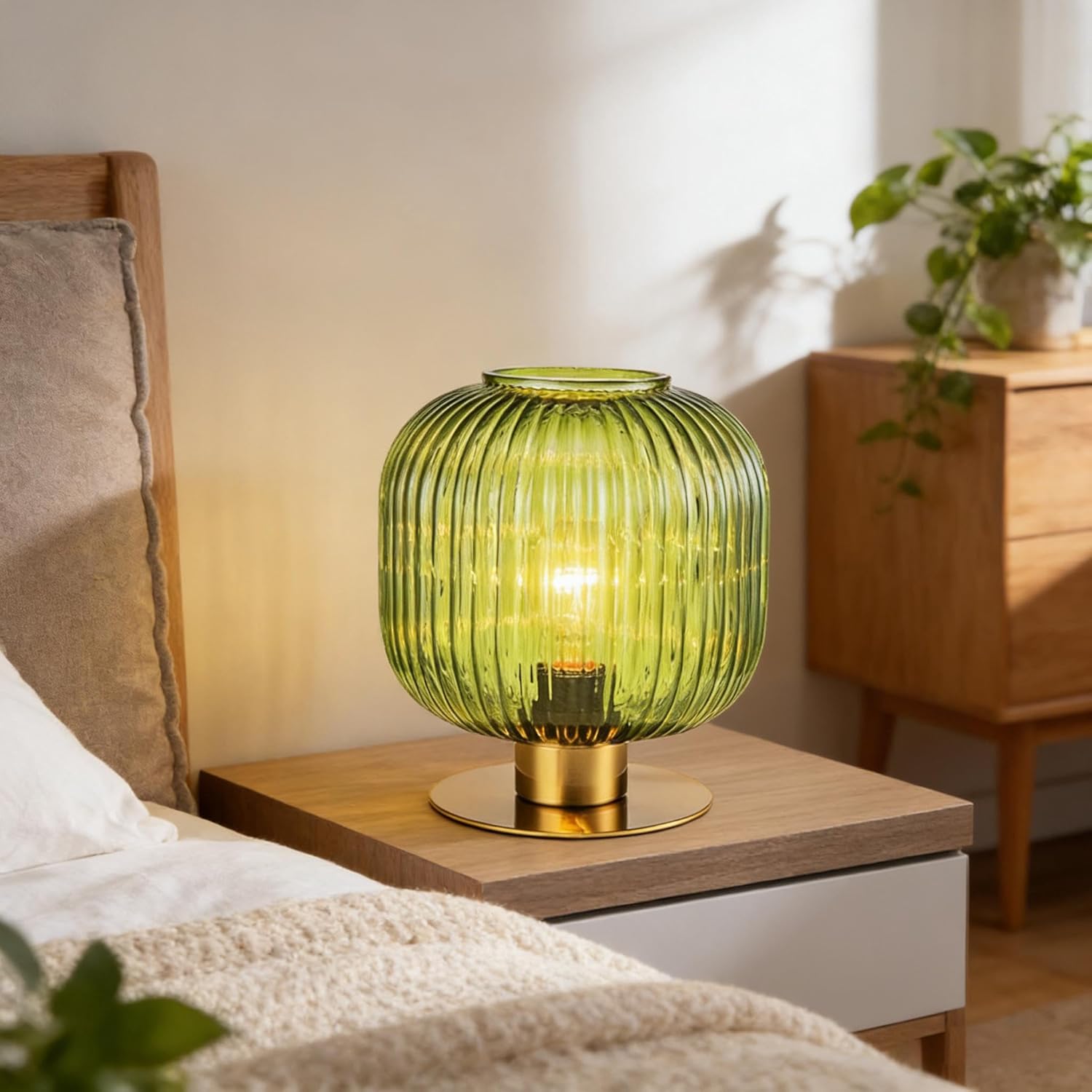 NKU Vintage Green Glass Table Lamp, Mid Century Ribbed Glass Desk Light with Green Shade, Decorative Accent Lamp for Bedroom Bedside Living Room Office Bookshelf