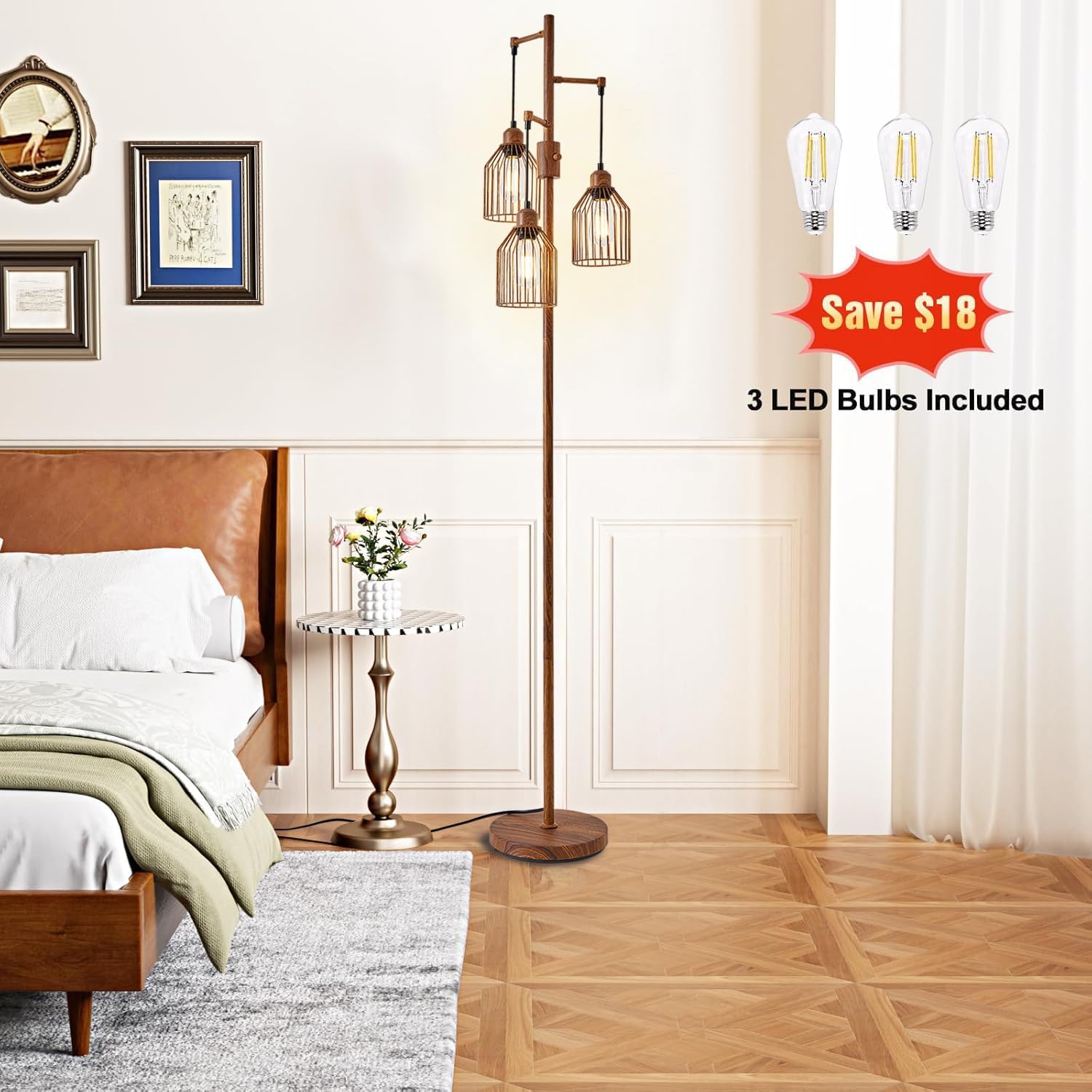 Dimmable Floor Lamp for Living Room, Farmhouse Floor Lamps with Elegant Hanging Cage, 3 x LED Edison Bulbs Included, 68.5" Industrial Standing Light for Bedroom Office Home Decor (Wood)