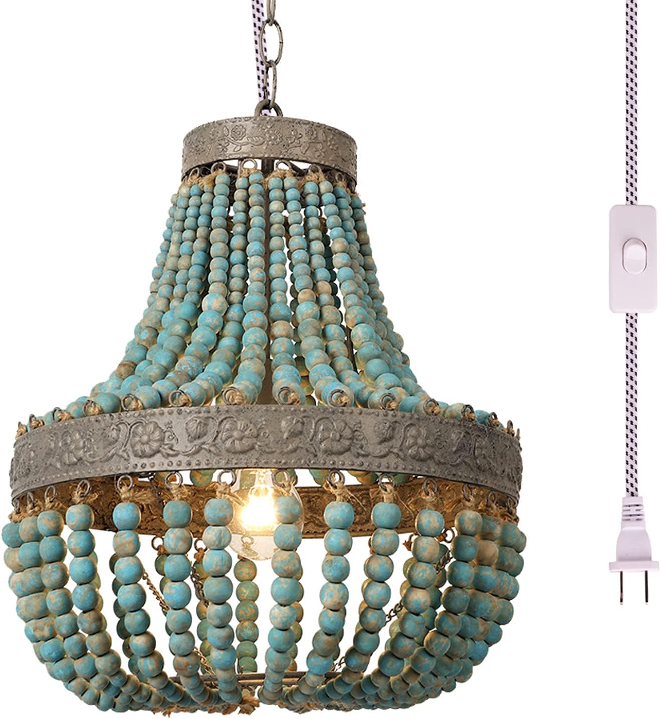 Newrays Wood Bead Chandelier Pendant Bohemian Boho Beachy Ceiling Lamp Light Fixtures (Gray Blue-Small Plug in, 13.58 in*15.74 in)