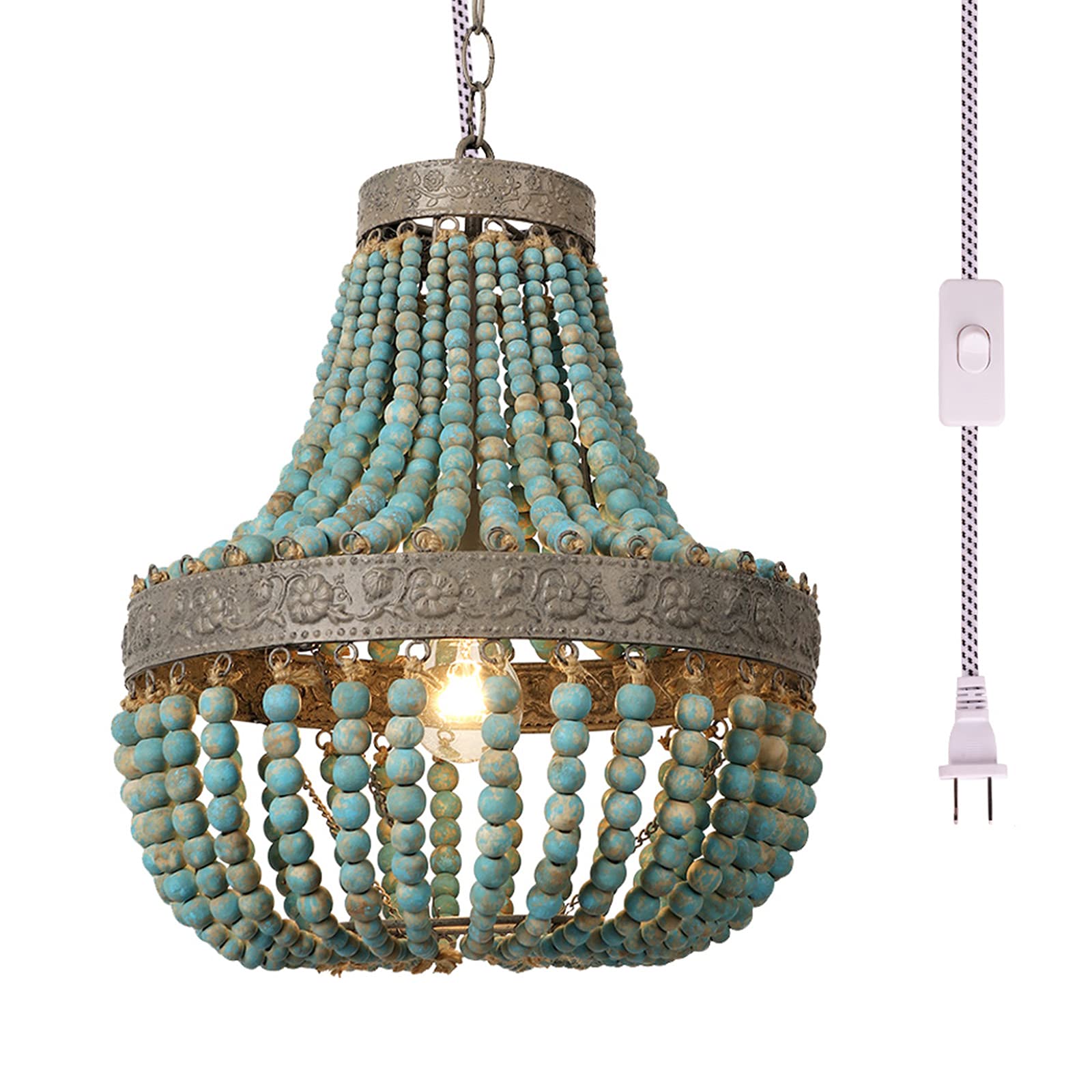 Newrays Wood Bead Chandelier Pendant Bohemian Boho Beachy Ceiling Lamp Light Fixtures (Gray Blue-Small Plug in, 13.58 in*15.74 in)