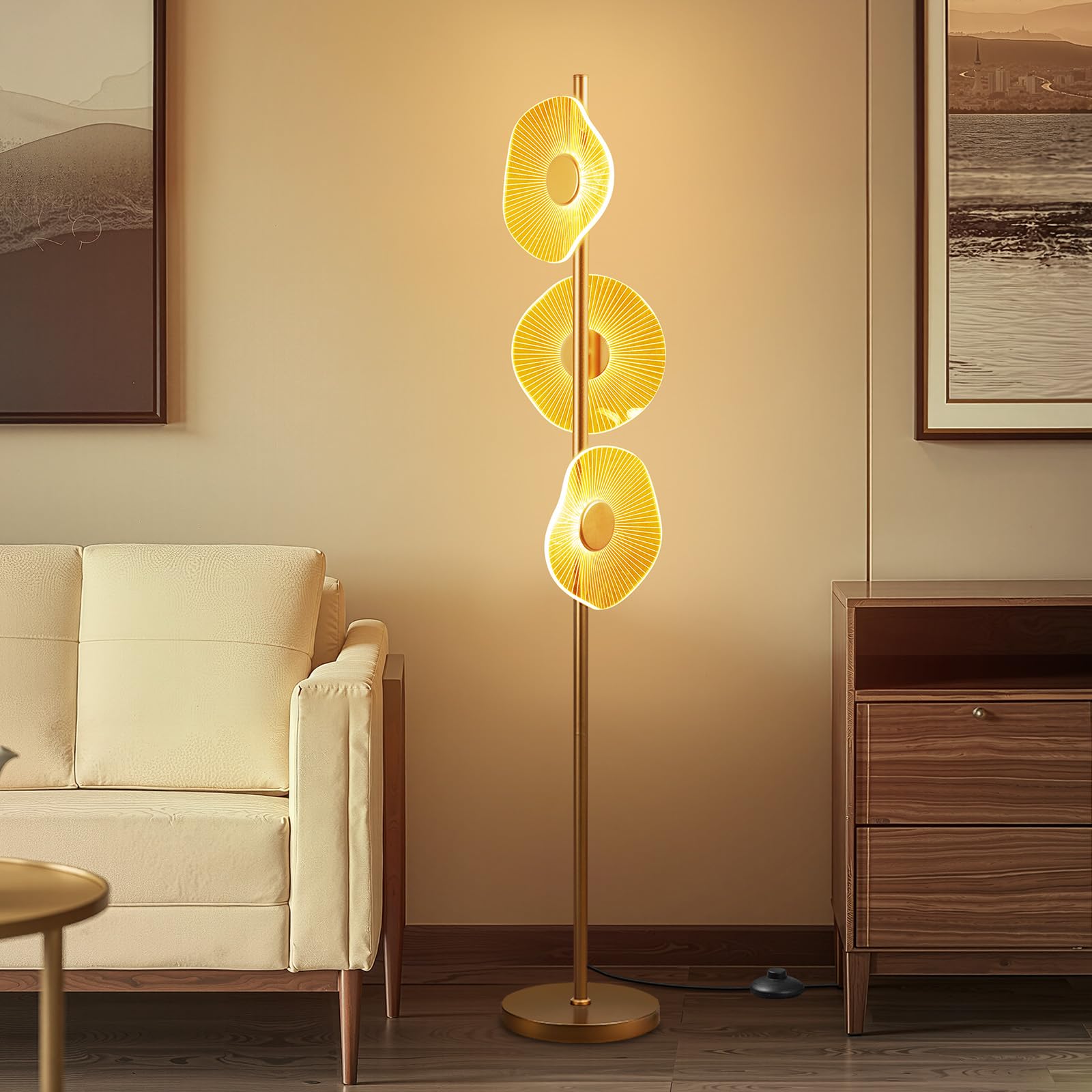 LED Dimmable Floor Lamp with Remote & Foot Switch, 2700–6000K Adjustable Color Temperature & Stepless Dimming, Sculptural Leaf-Disc Tall Standing Lamp, Brass Gold Corner Lamp for Living Room Bedroom