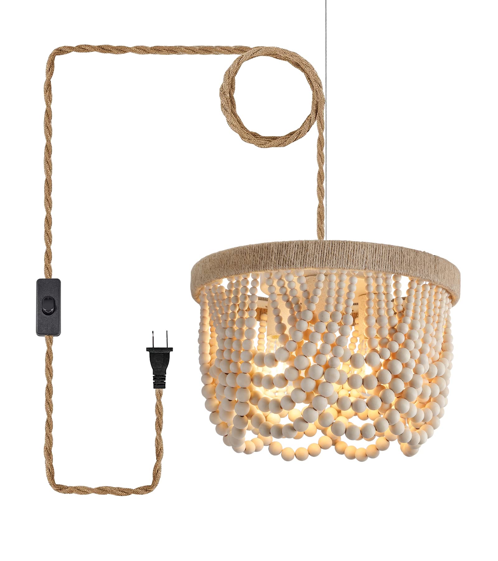 AMZASA Plug in Chandelier Boho Woven Hemp Rope Wooden Beaded Farmhosue Hanging Pendant Light Fixture with 14.8FT Cord On/Off Switch 3 Lights for Nursery Bedroom Living Room Dining Room UL Listed