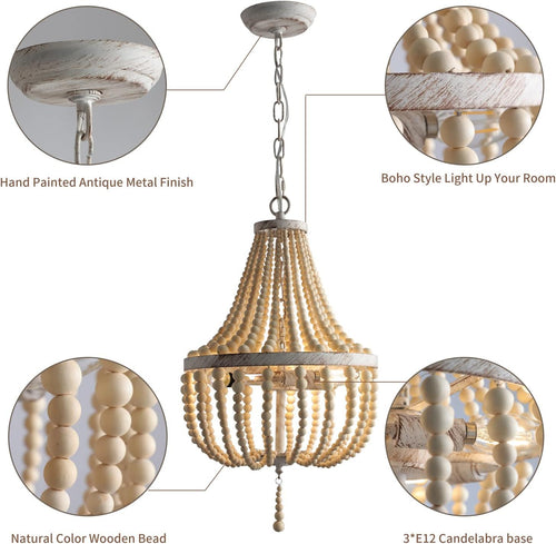 3-Light Mini Bohemian Wood Beaded Chandelier Pendant Boho Light Fixture,Antique Metal Finish Natural Color Wooden Beads, for Bathroom,Living Room,Entryway and Bedroom…