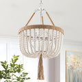 VILUXY Bohemia Wood Beaded Pendant Lights Antique Rustic Mini Chandelier White Finishing for Bedroom, Nursery Room, Girl Room, Hallway, Entryway, Passway, Dining Room, 3-Light