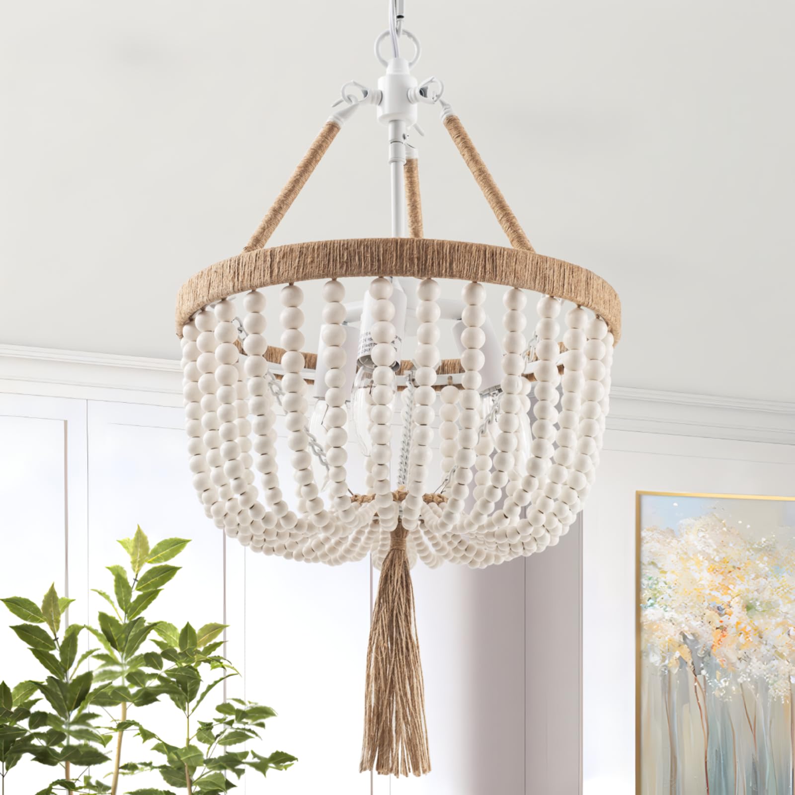VILUXY Bohemia Wood Beaded Pendant Lights Antique Rustic Mini Chandelier White Finishing for Bedroom, Nursery Room, Girl Room, Hallway, Entryway, Passway, Dining Room, 3-Light