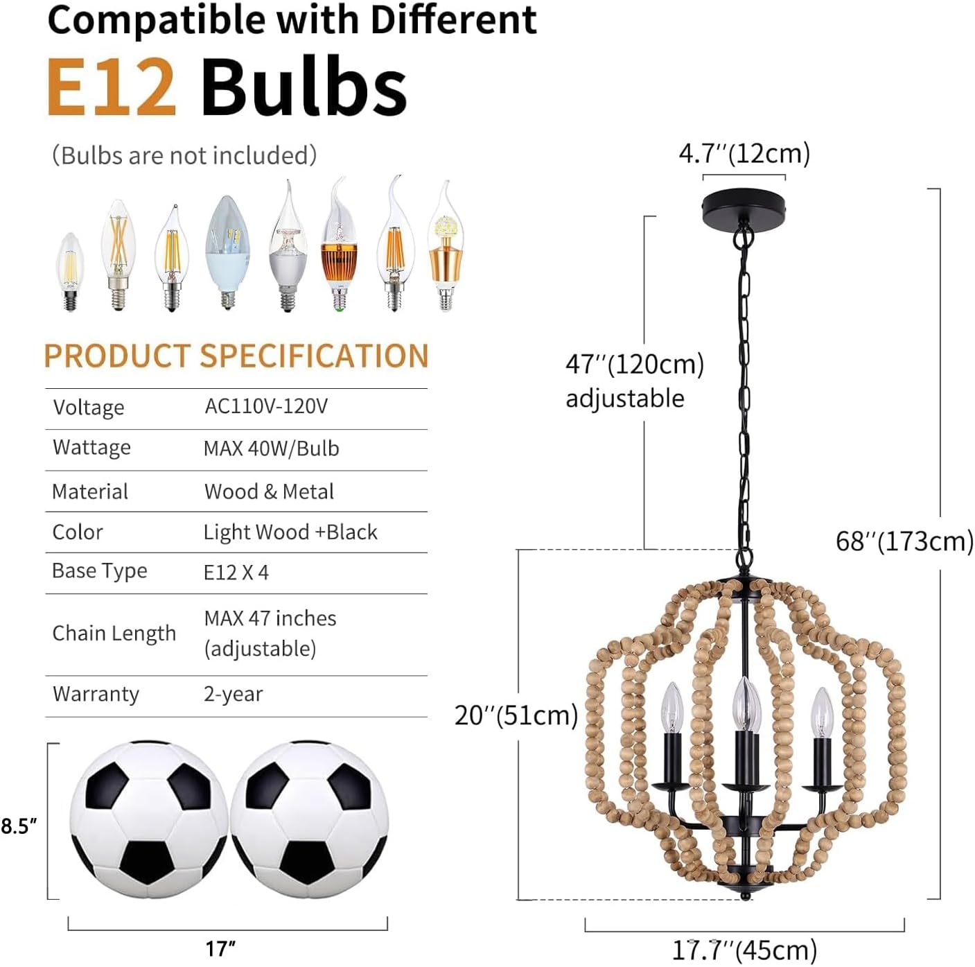 17.7" Boho Wood Beaded Chandelier, Farmhouse Rustic Pendant Light Fixture with Adjustable Chain, 4-Light Dimmable for Bedroom, Dining Room, Kitchen Island, Entryway, Living Room, Hallway, Bathroom