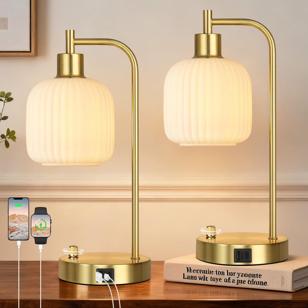 QiMH Industrial Table Lamp for Bedroom Set of 2, Green Glass Beside Lamp with USB A&C Ports, Stepless Dimmable Gold Lamps, Nightstand Lamps for Living Room, Office, Home Decor(Bulb Included)