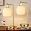 QiMH Industrial Table Lamp for Bedroom Set of 2, Green Glass Beside Lamp with USB A&C Ports, Stepless Dimmable Gold Lamps, Nightstand Lamps for Living Room, Office, Home Decor(Bulb Included)